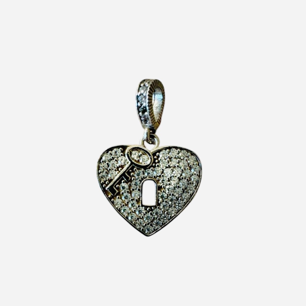 Sterling Silver 925 Heart Keyhole Pendant Charm Pave Stone Wedding Gift NWOT